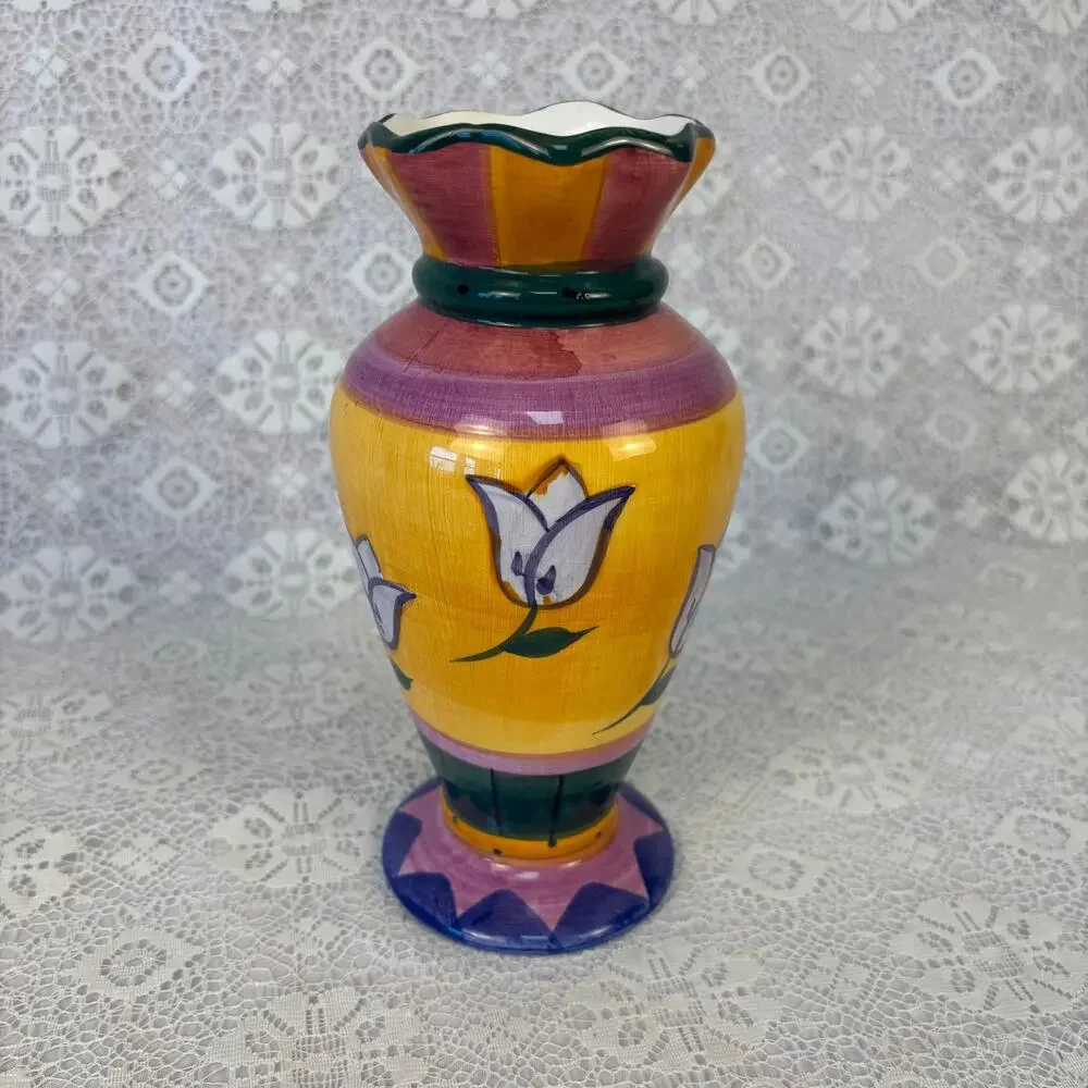 Vintage Hand Painted Ceramic Vase Colorful Tulip Floral Scalloped Rim 8